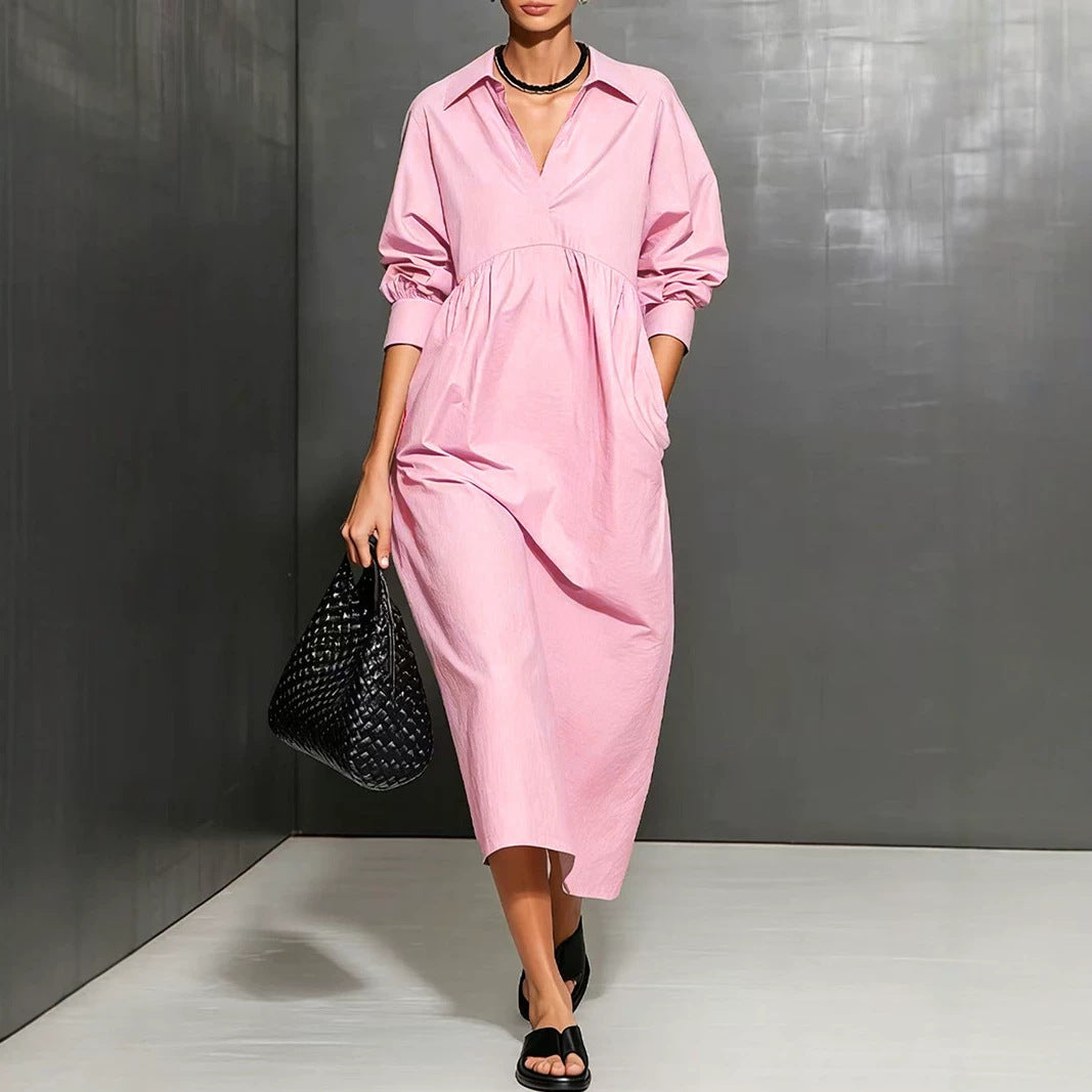 Collared V-Neck Long Sleeve Empire Waist Loose Midi Shirt Dress 3