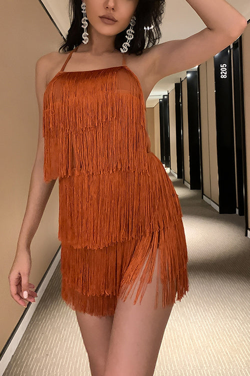 Halter Neck Open Back Tassel Hem Romper