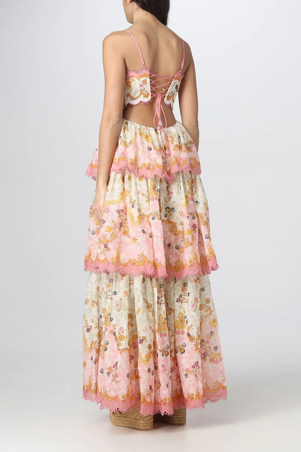 Floral Spaghetti Strap Scalloped Cut Out Tiered Midi Dress