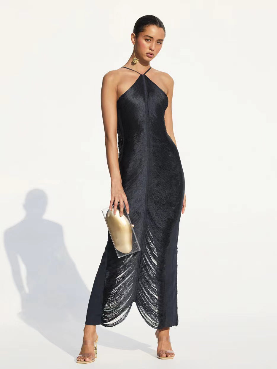Fringe Halter Neck Back Slit Sleeveless Maxi Gown