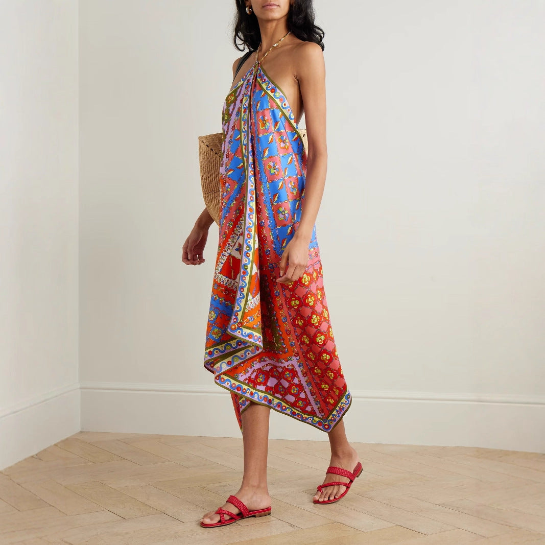 Scarf Print Satin Halter Neck Backless Handkerchief Hem Midi Dress