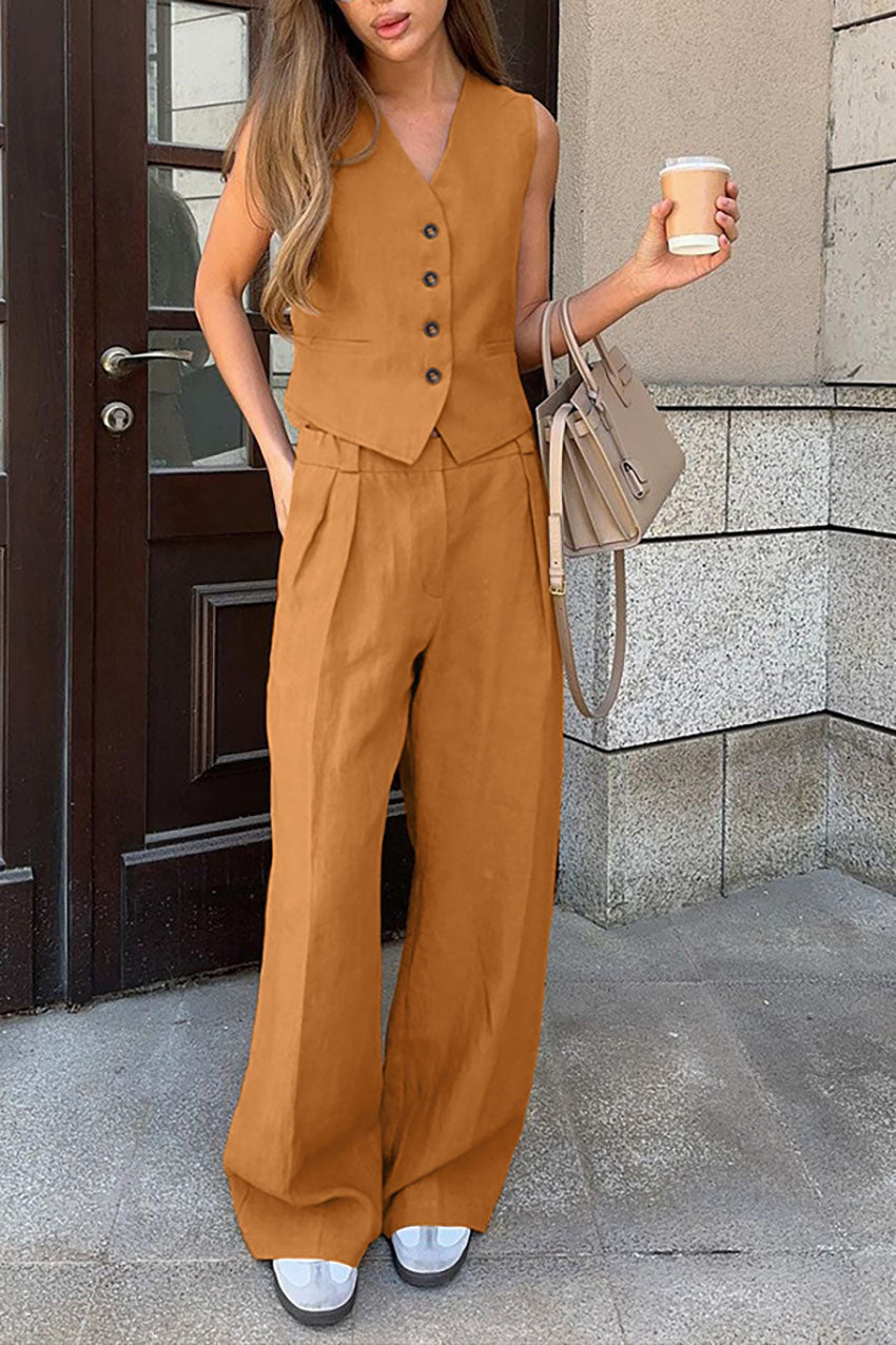 Solid Color Cotton and Linen V-neck Vest Long Pants Set