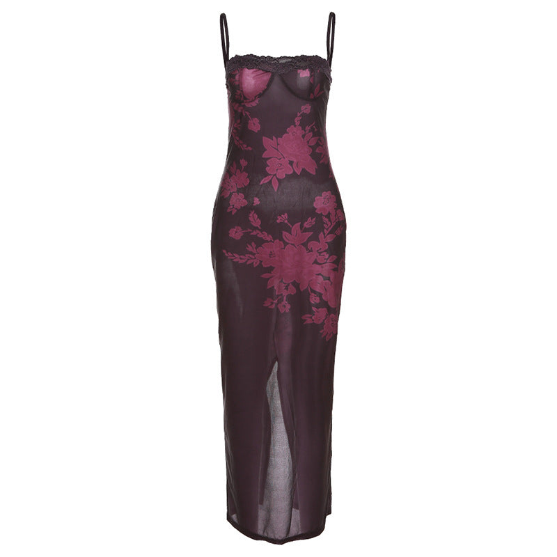 Floral Mesh Spaghetti Strap Sweetheart Lace Trim Bodycon Maxi Dress