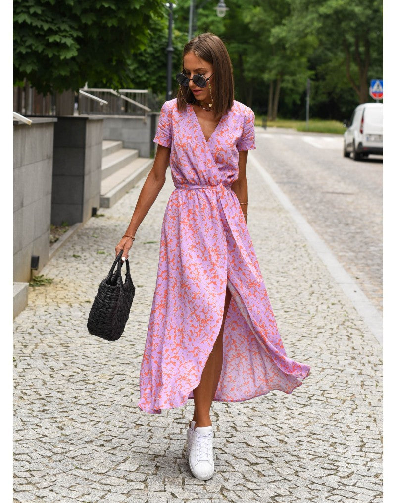 Floral Print Deep V-Neck Short Sleeve Wrap Belted High Split Maxi Summer Dress