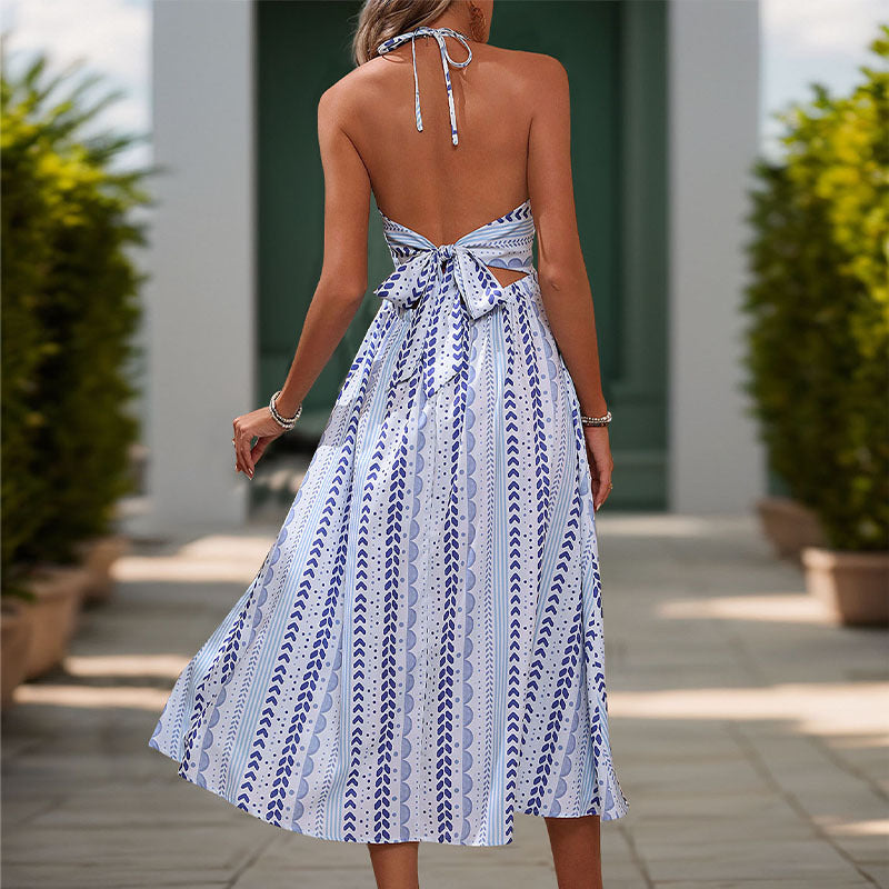 Geometric Print Halter V-Neck Twist Front Flowy Midi Dress 2