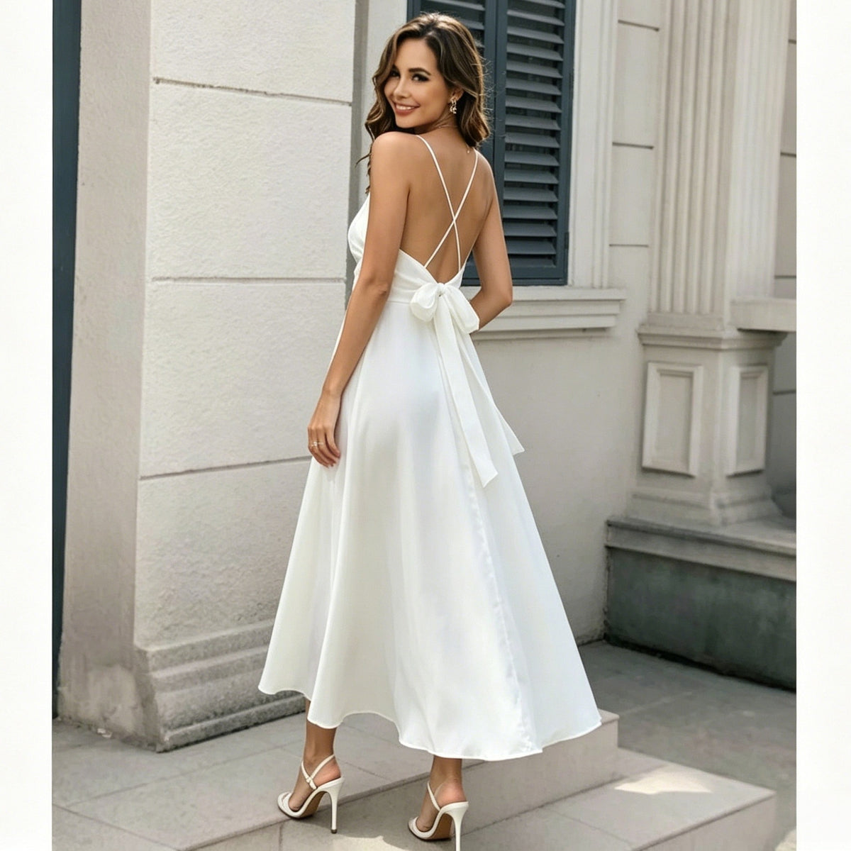 Satin Cross Back Spaghetti Strap Bow Tie Back A-Line Midi Dress