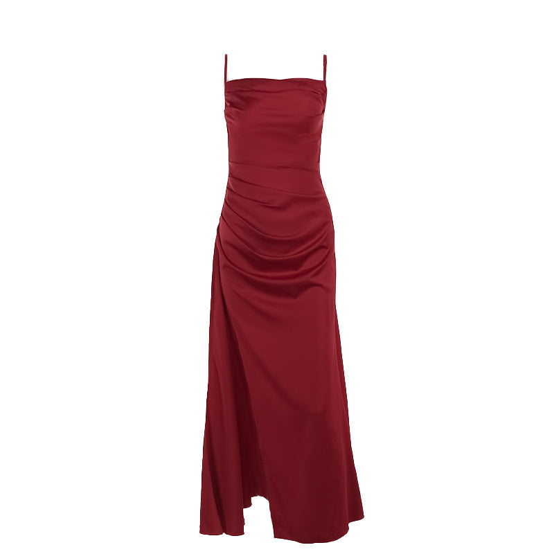 Satin Cowl Neck Spaghetti Strap Ruched High Split Mermaid Maxi Dress