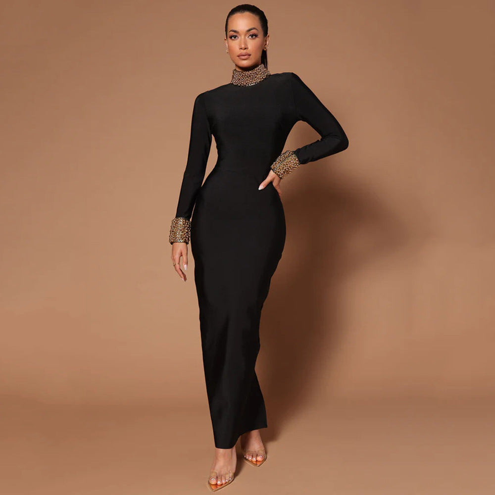 Diamond Bead Backless Long Sleeve Bandage Dress