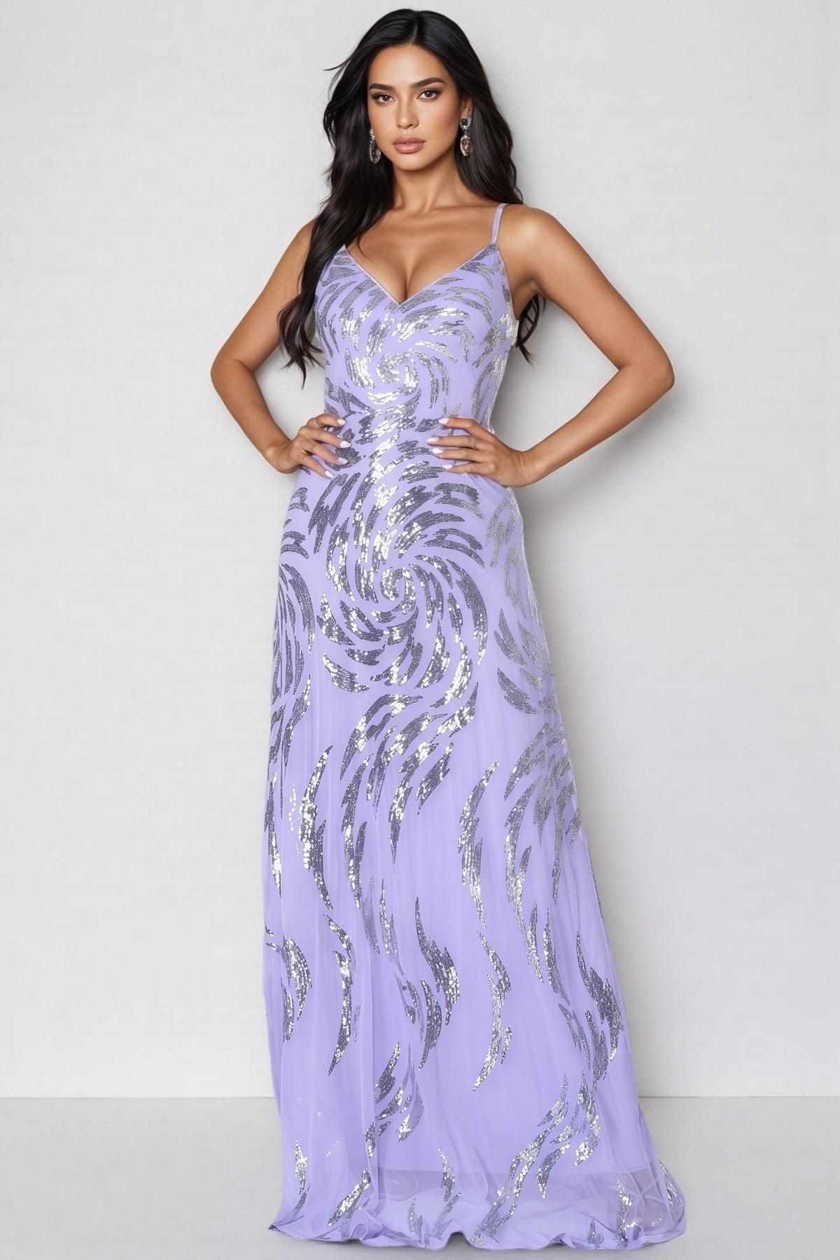 Swirl Sequin Mesh V-Neck Spaghetti Strap A-Line Maxi Dress