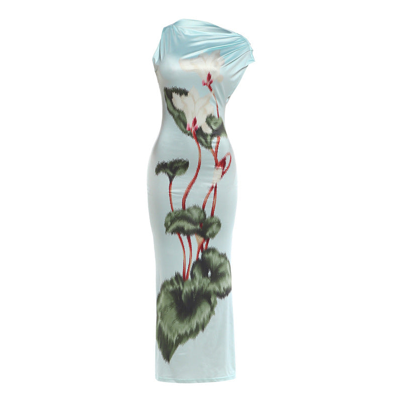 Floral Print Off Shoulder Ruched Satin Bodycon Midi Dress 5