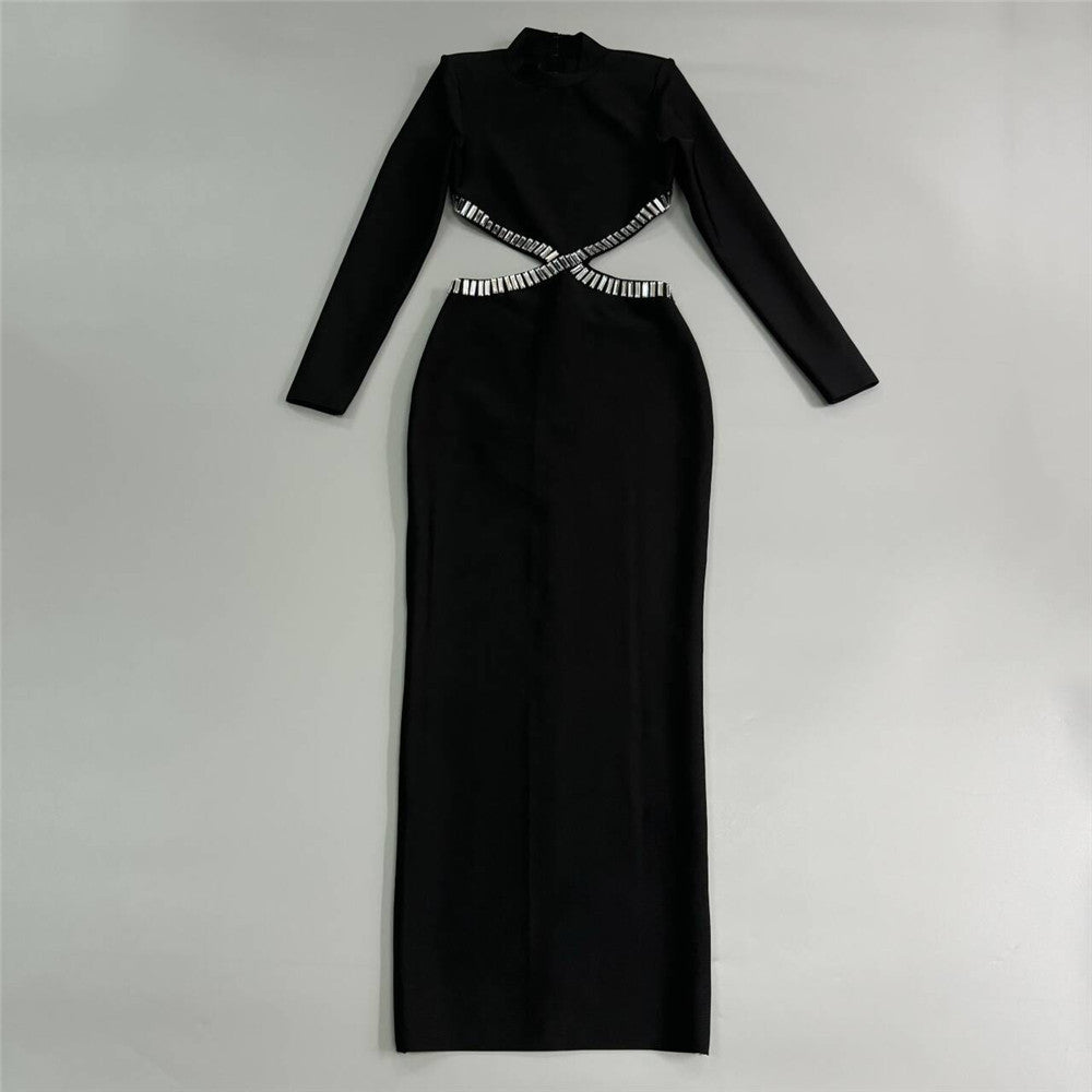Mock Neck Long Sleeve Rhinestone Trim Cut Out Bandage Maxi Dress 3
