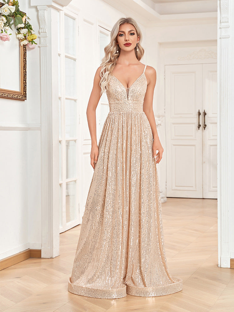 Sequin Deep V-Neck Backless Ruched A-Line Maxi Dress