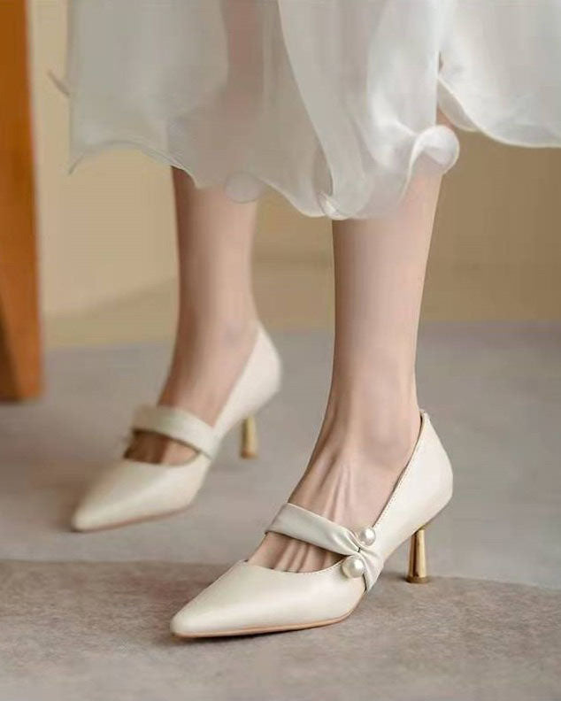 Elegant Pearl-Adorned Thin High Heel Pointed-toe Pumps