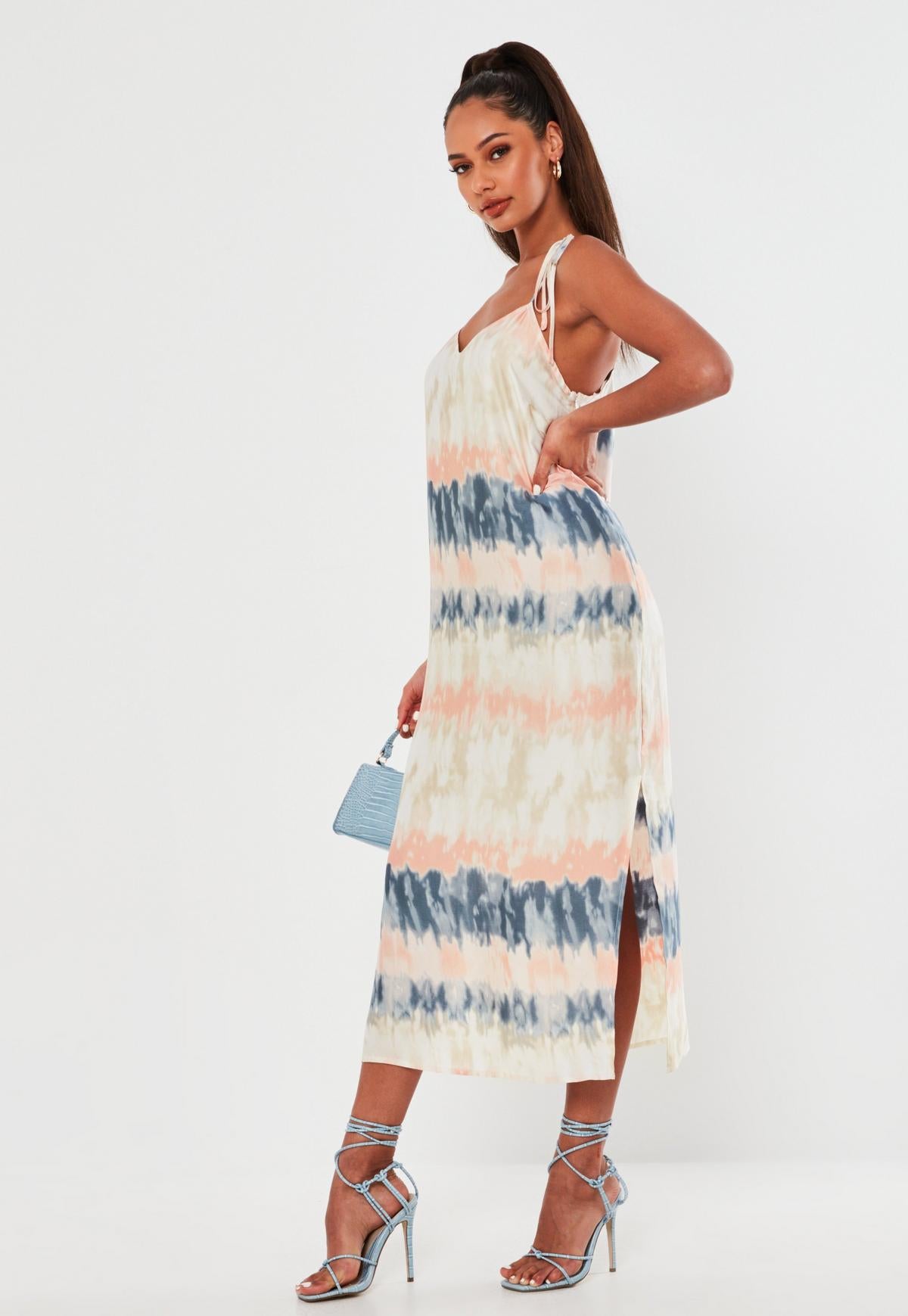 Tie Dye Striped Tie Shoulder Cami Side Split Midi Dress
