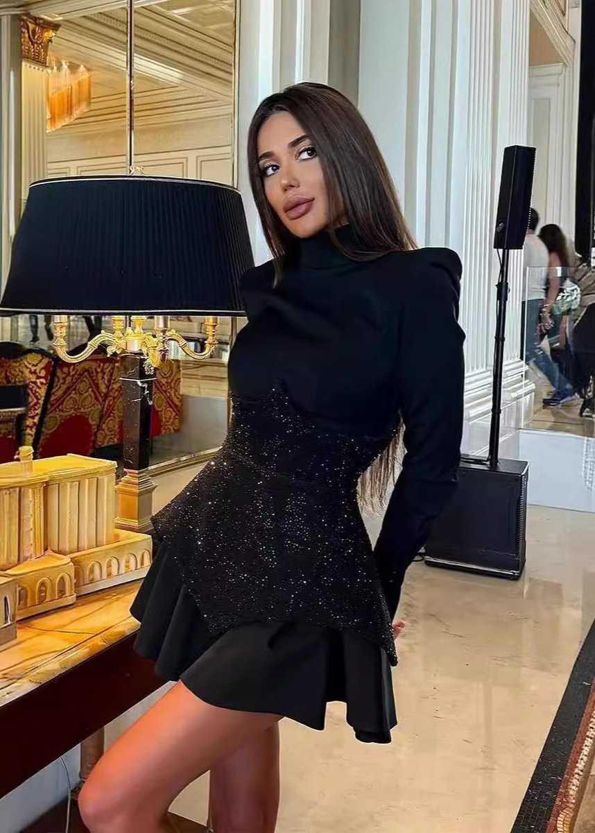 Faux Two Piece Sequin Corset Long Sleeve Tiered Mini Dress