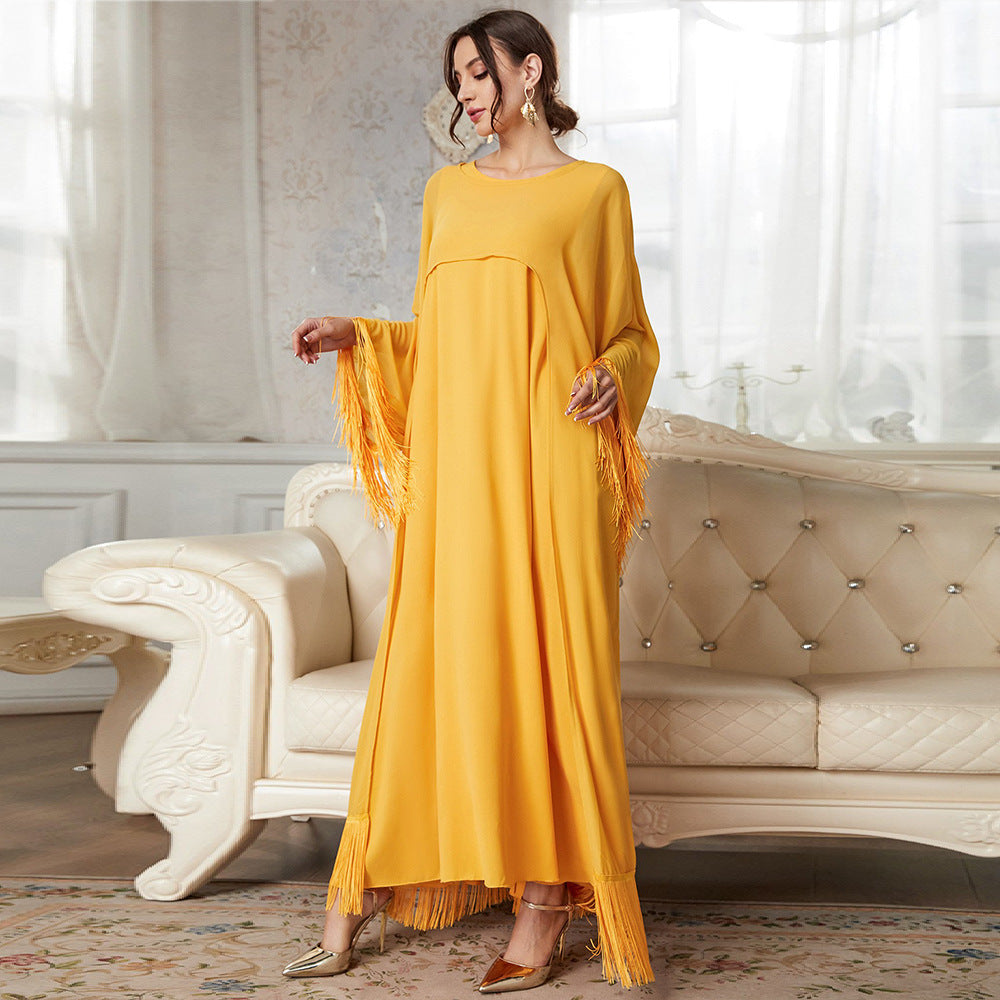 Fringe Trim Wide Sleeve Layered Kaftan Maxi Dress