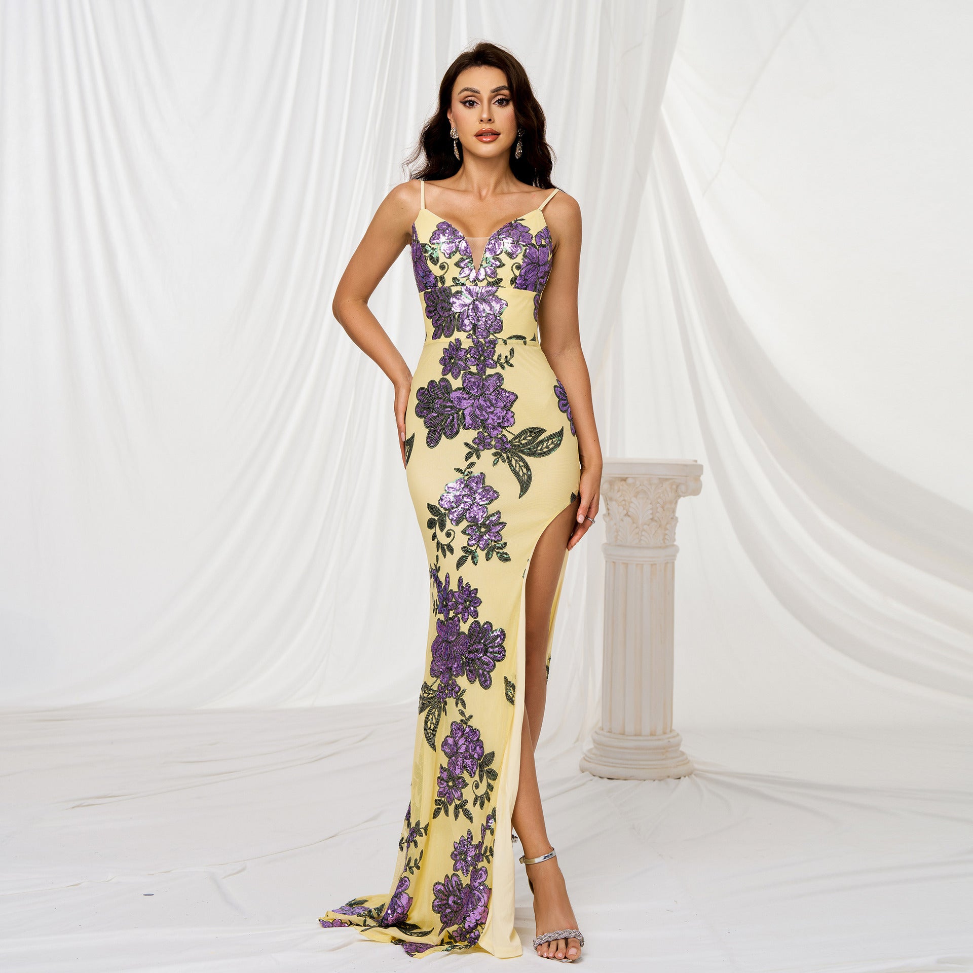Women Clothing V neck Brace Slim Fit Sheath Sequined Cocktail Split Evening Dress