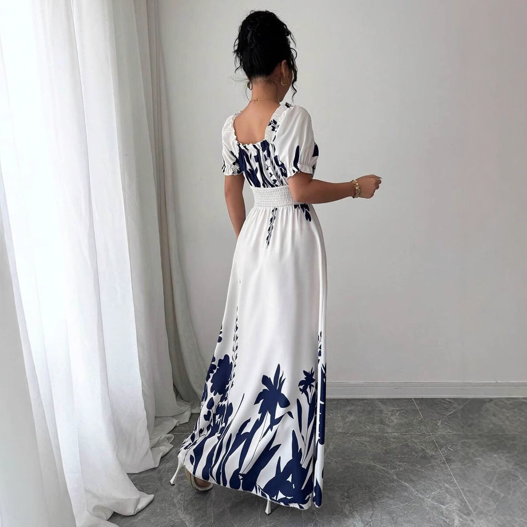 Floral Print Square Neck Puff Sleeve Smocked Waist A-Line Maxi Dress 4