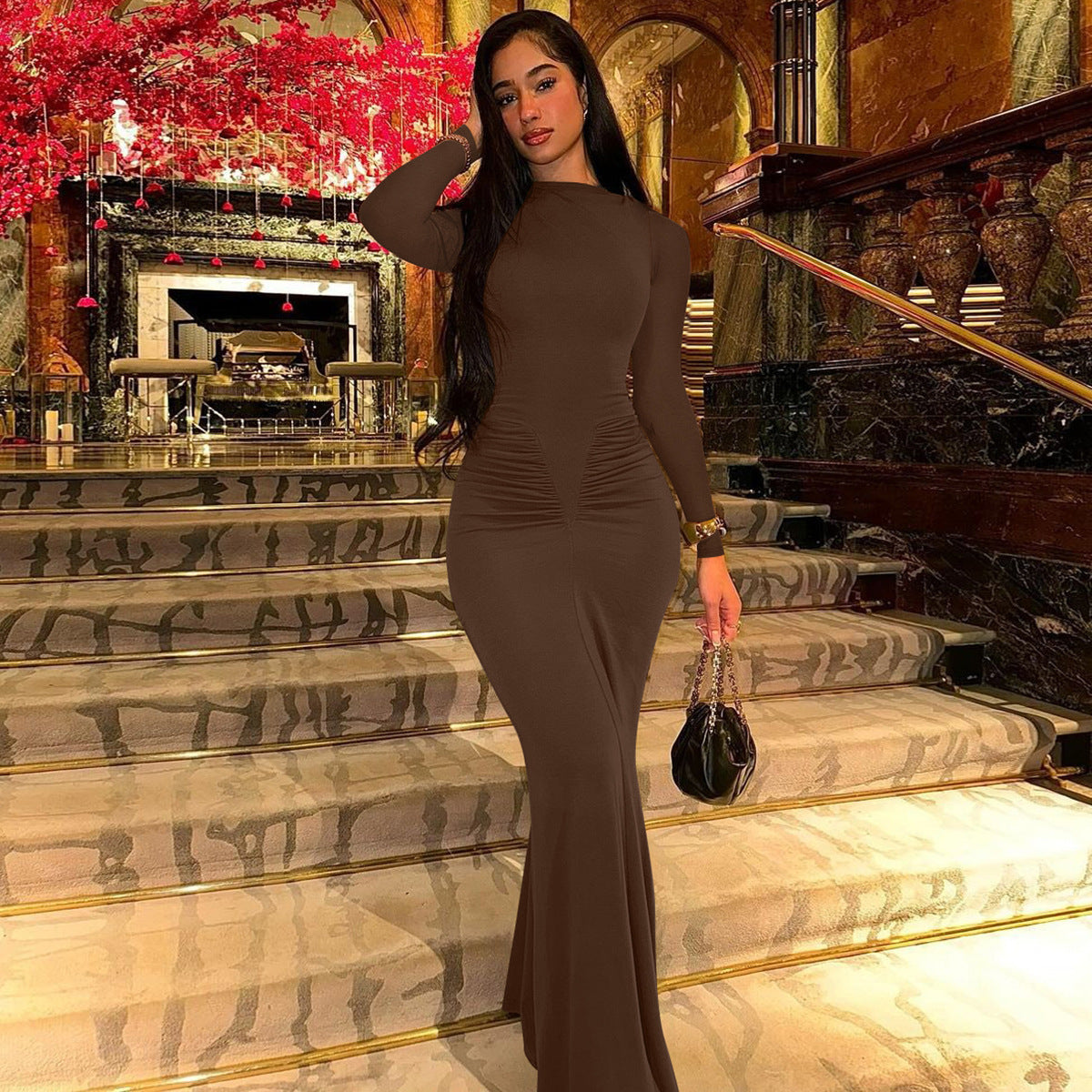Crew Neck Long Sleeve Ruched Waist Bodycon Mermaid Maxi Dress 3