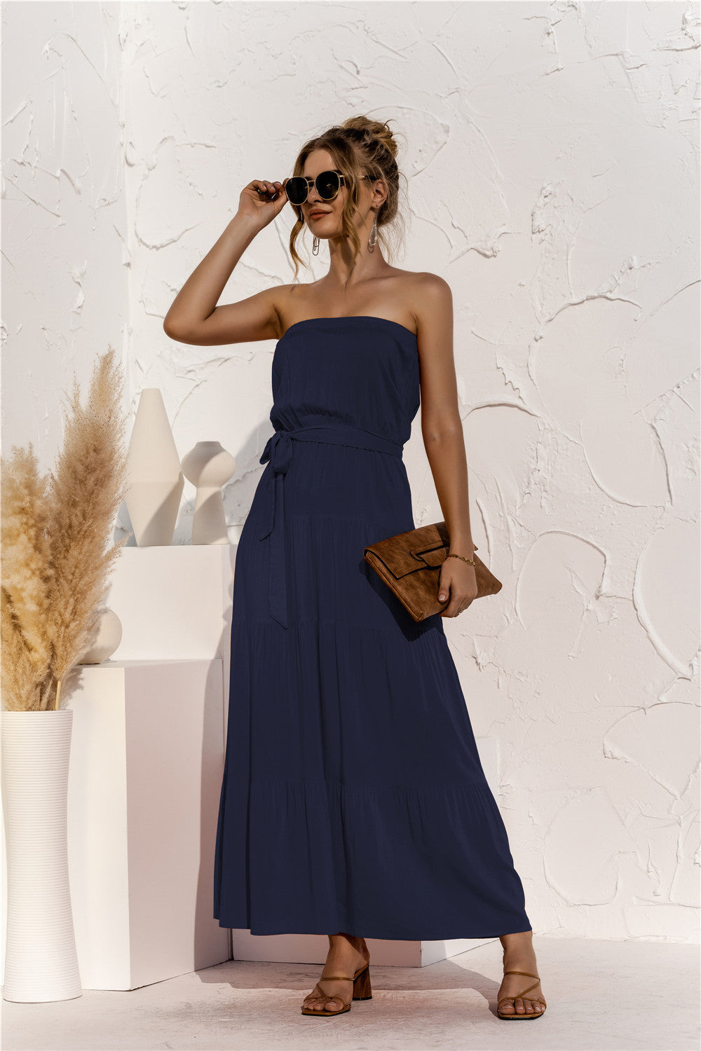 Free Falling Strapless Tiered Maxi Dress Deep Navy