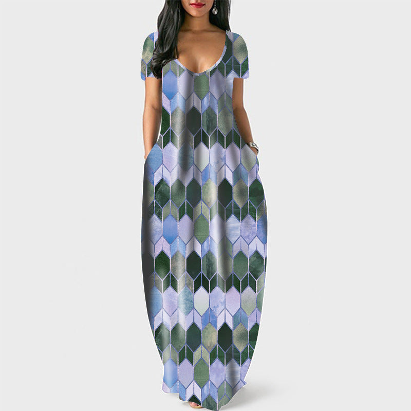 Geometric Print Scoop Neck Short Sleeve Cocoon Maxi Dress with Pockets 2
