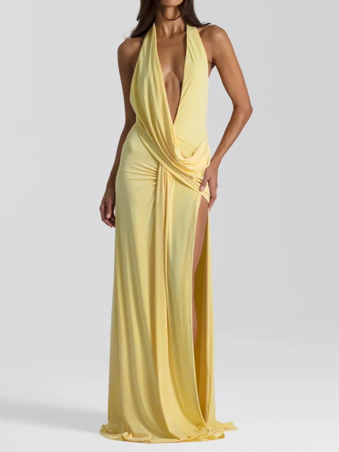 Deep V Plunge neck Lace up Backless Streamers Maxi Dress - View 4