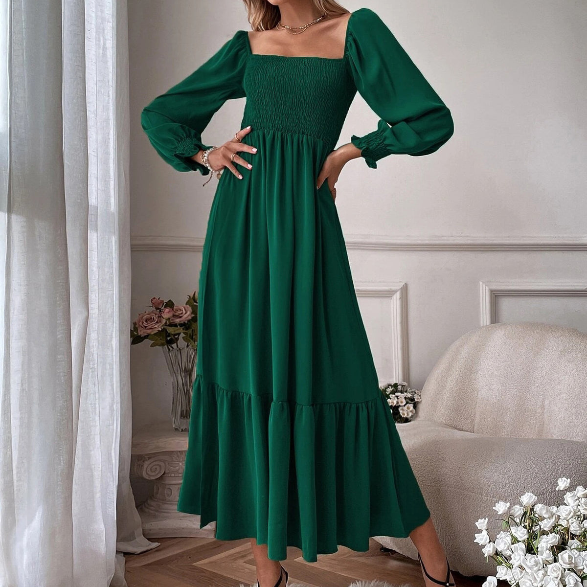 Autumn Winter Long Sleeve Ruffled High Waist Pullover Tight Dress