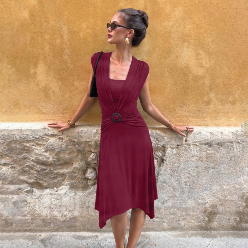 Sleeveless Draped V-Neck Ring Detail Handkerchief Hem Midi Dress