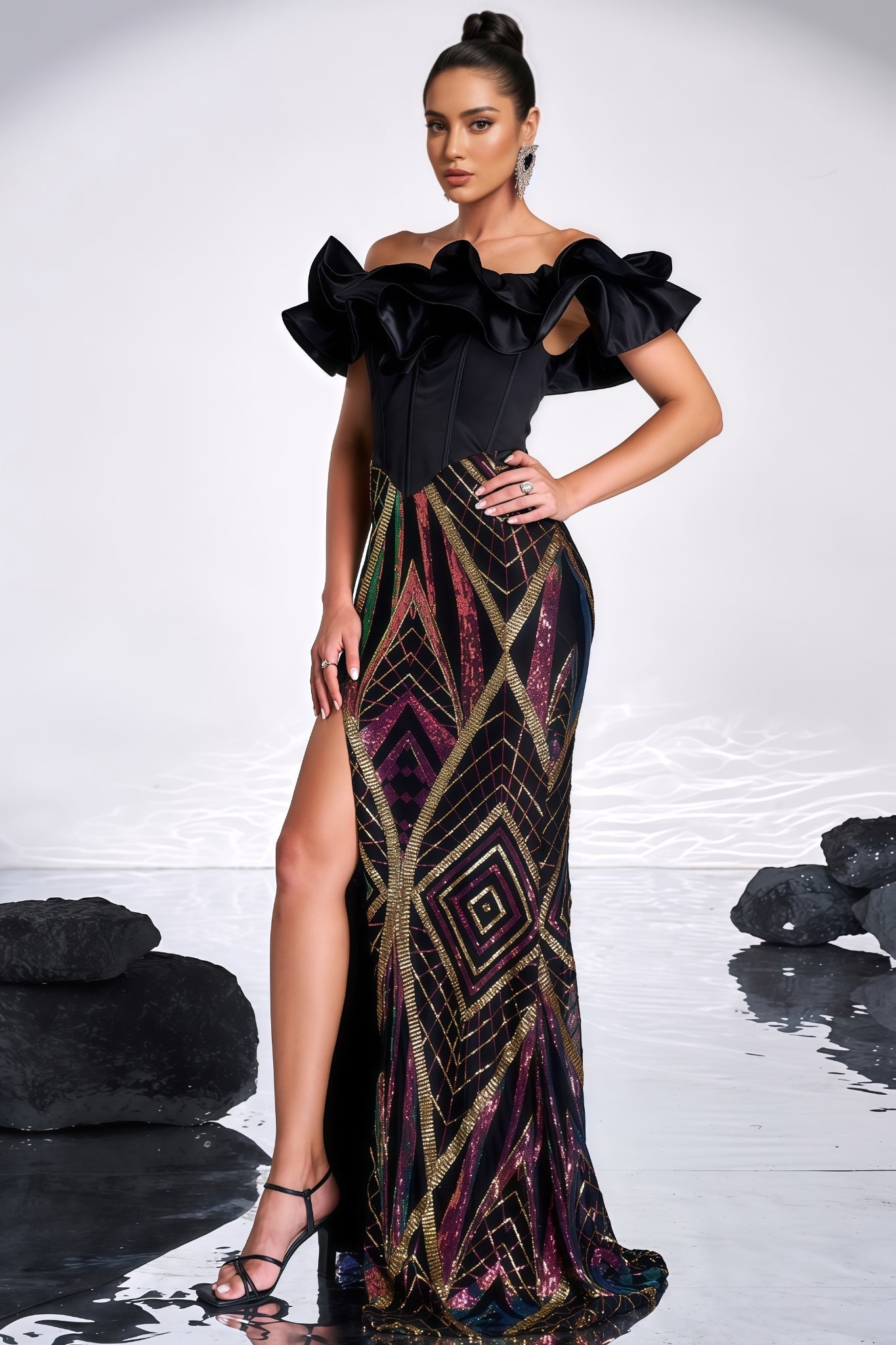 Sequin Off Shoulder Ruffle Corset Bodice High Split Mermaid Maxi Gown