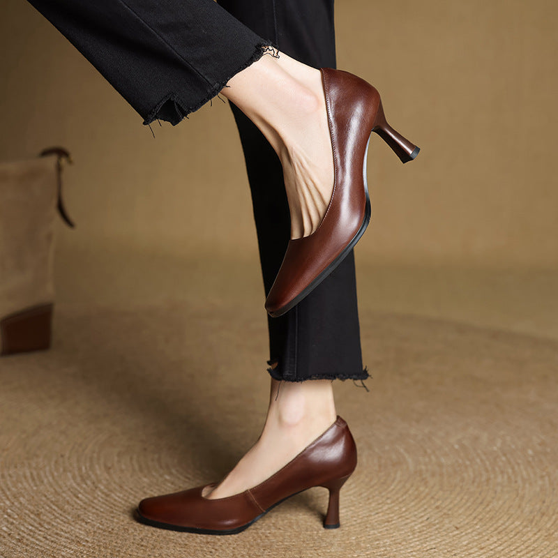 Square Toe Slip On Kitten Heel Leather Pumps