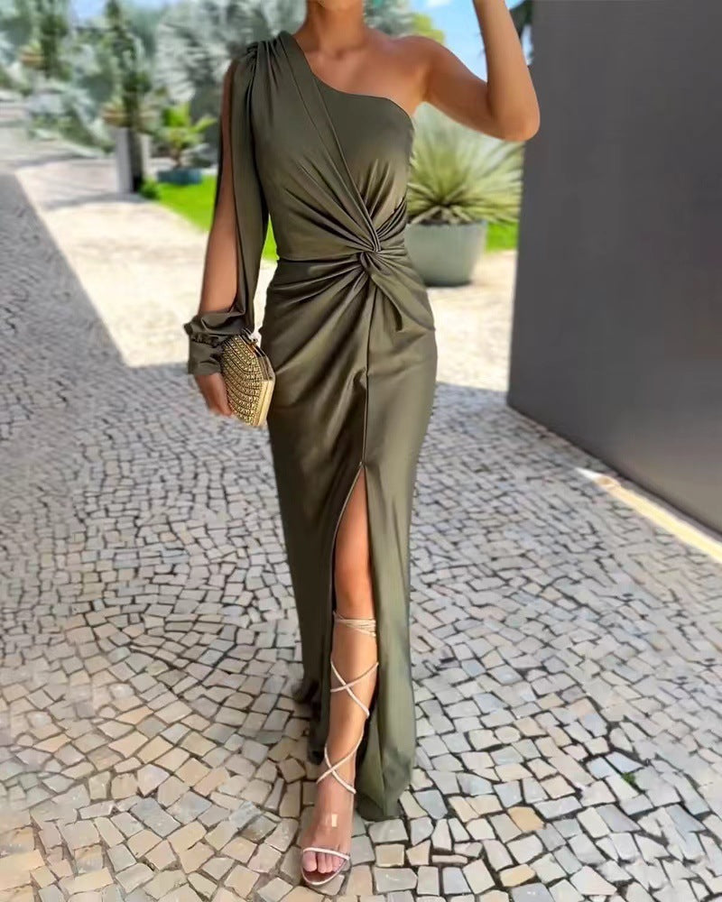 One Shoulder Long Puff Sleeve Twist Front Ruched High Split Midi Dress