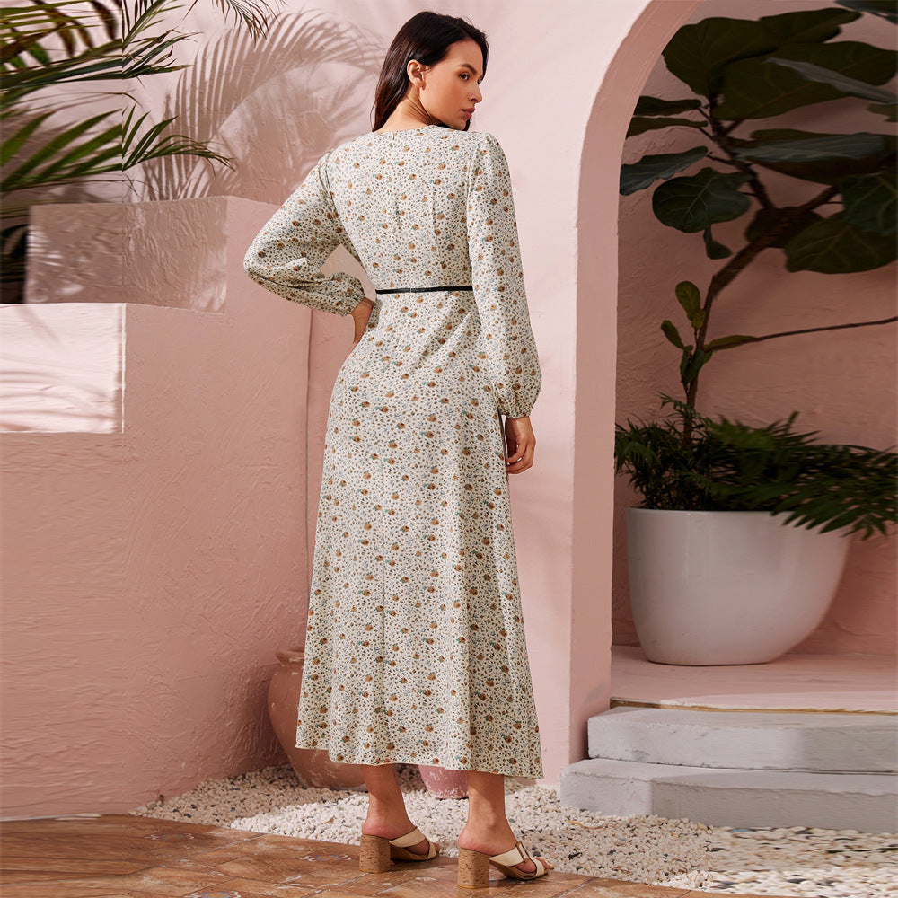 Floral Deep V-Neck Lace Trim Bishop Sleeve A-Line Maxi Dress