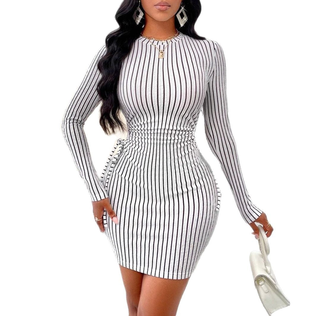 Pinstripe Long Sleeve Cut Out Ruched Side Tie Bodycon Mini Dress