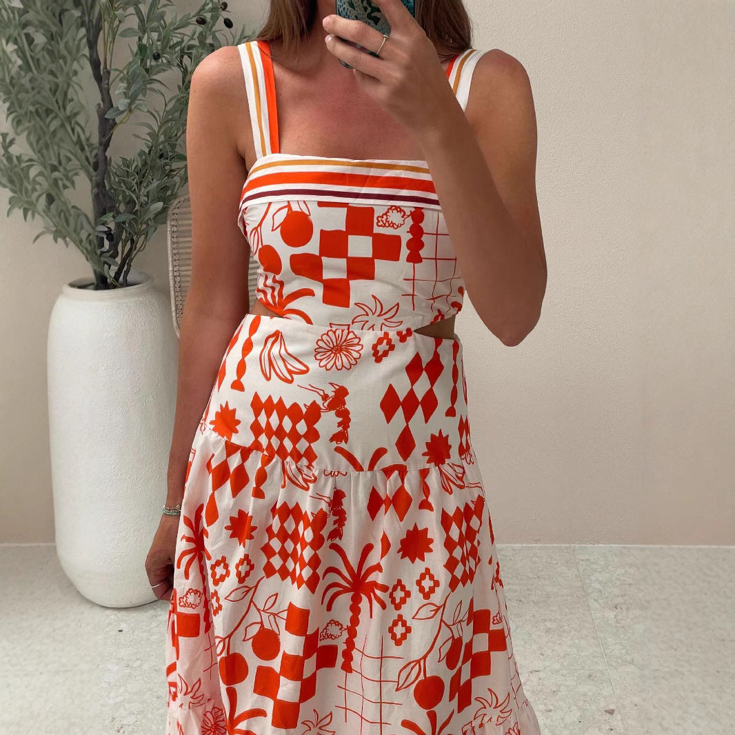 Geometric Print Square Neck Side Cut Out Tiered Maxi Dress 3