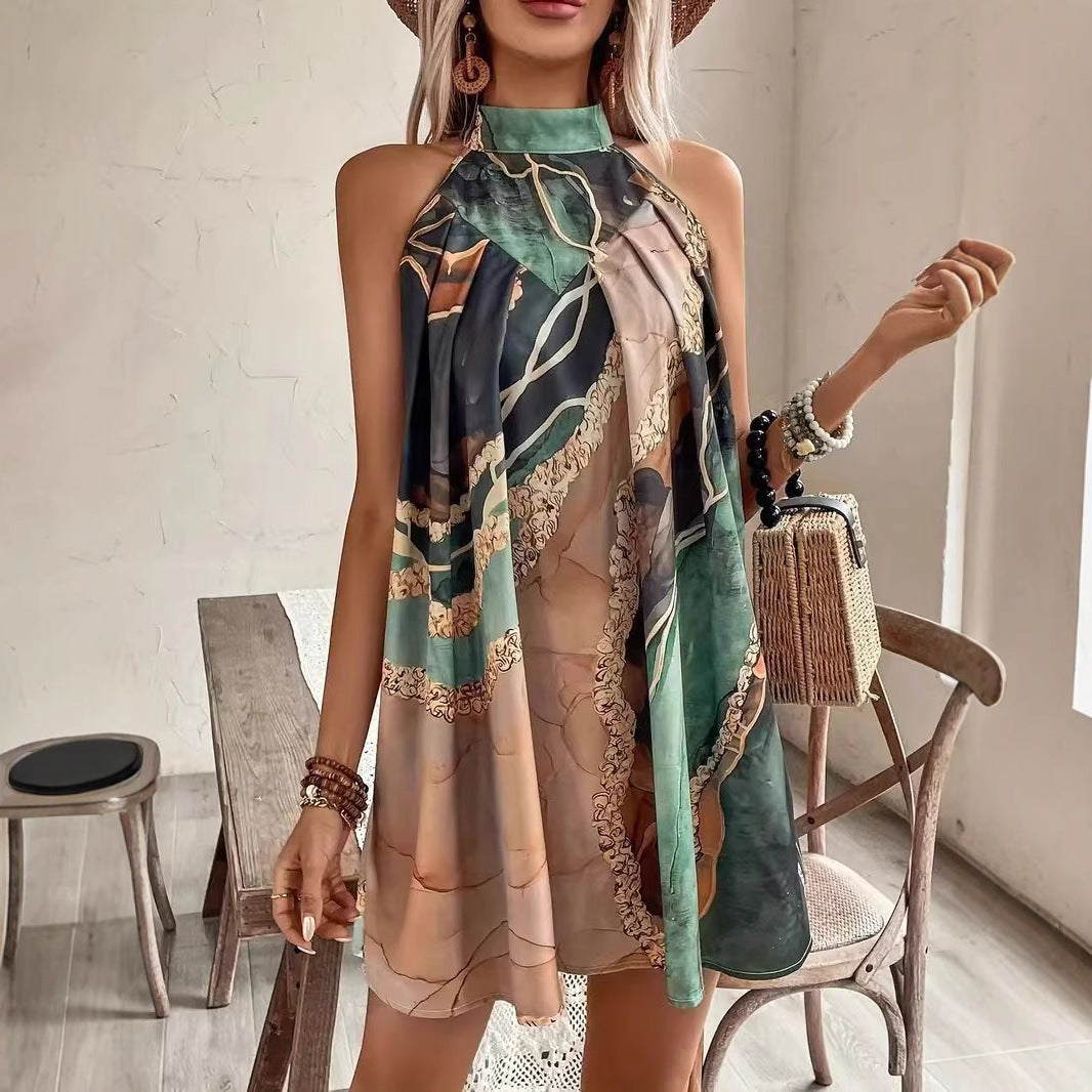 Abstract Print Satin Halter Neck Sleeveless Swing Mini Dress