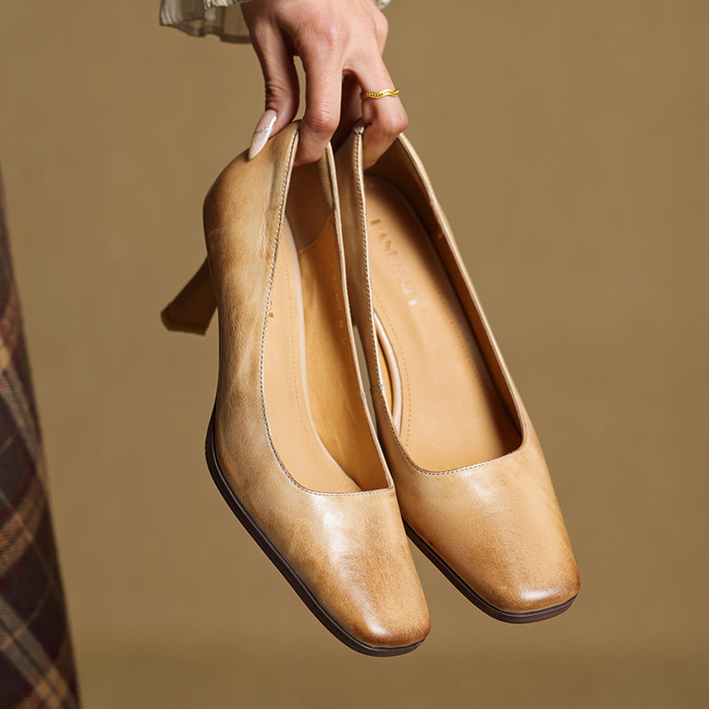 Square Toe Slip On Kitten Heel Leather Pumps