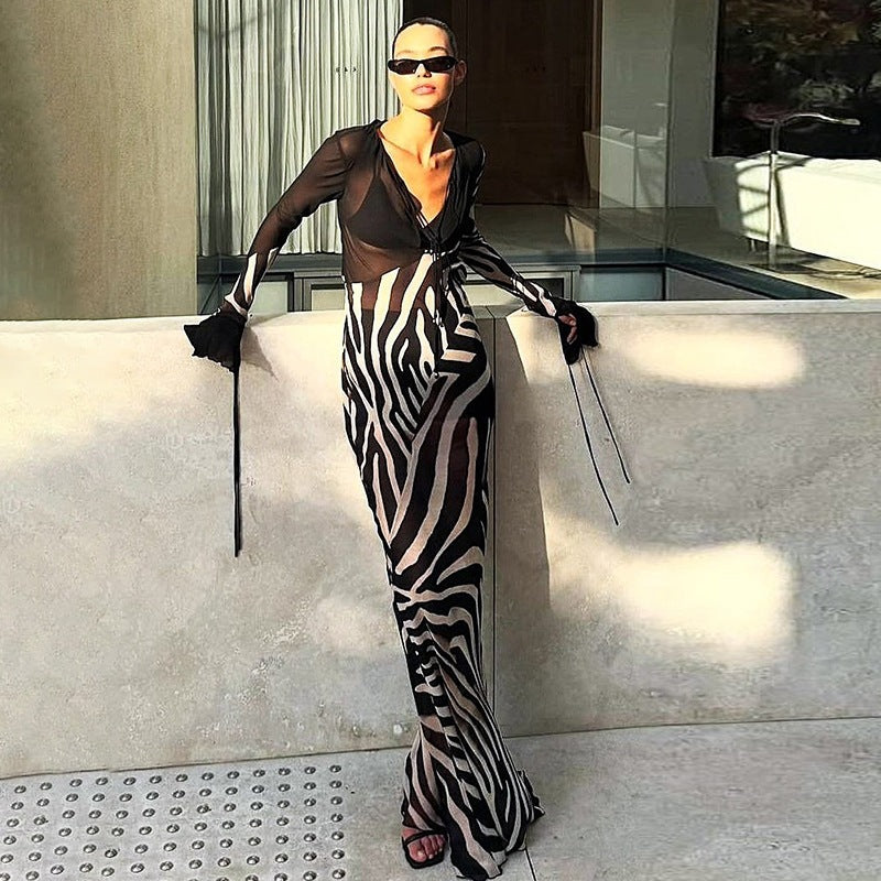 Zebra Print Sheer Mesh V-Neck Tie Front Flare Sleeve Maxi Dress 3
