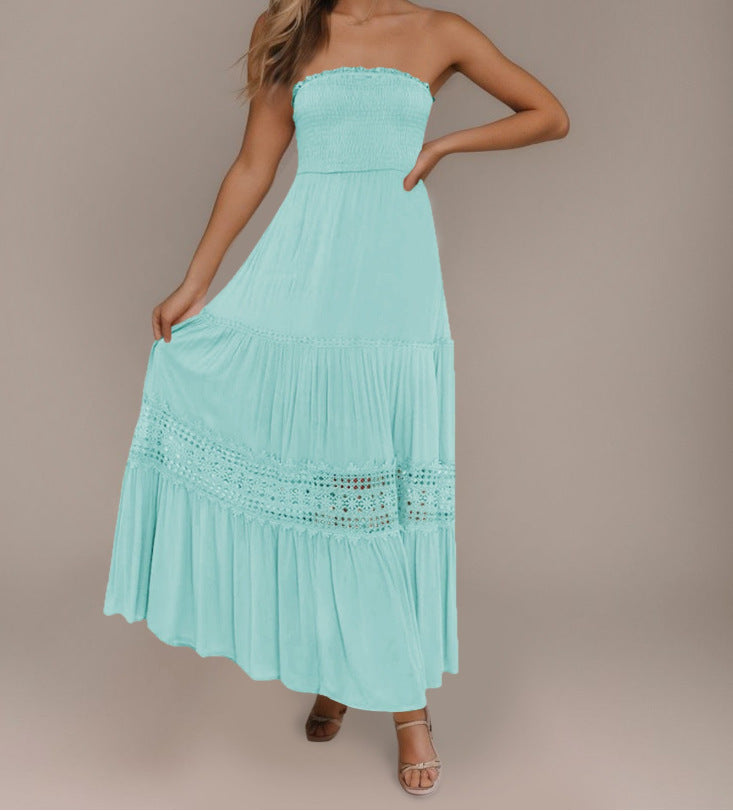 Strapless Smocked Bodice Crochet Lace Insert Tiered Boho Maxi Dress 7