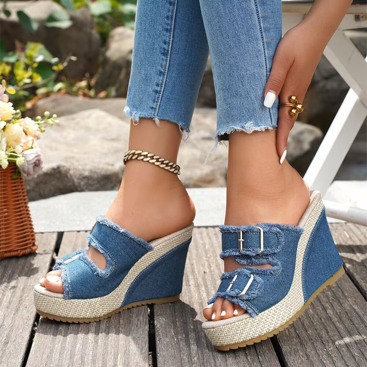 Open Toe Frayed Double Buckle Platform Wedge Slides
