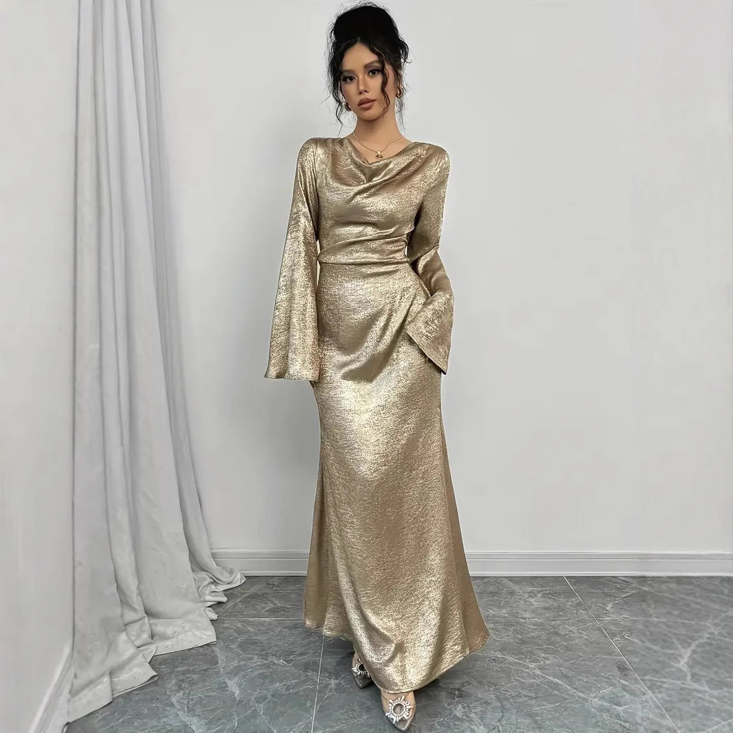 Metallic Cowl Neck Bell Sleeve Maxi Gown