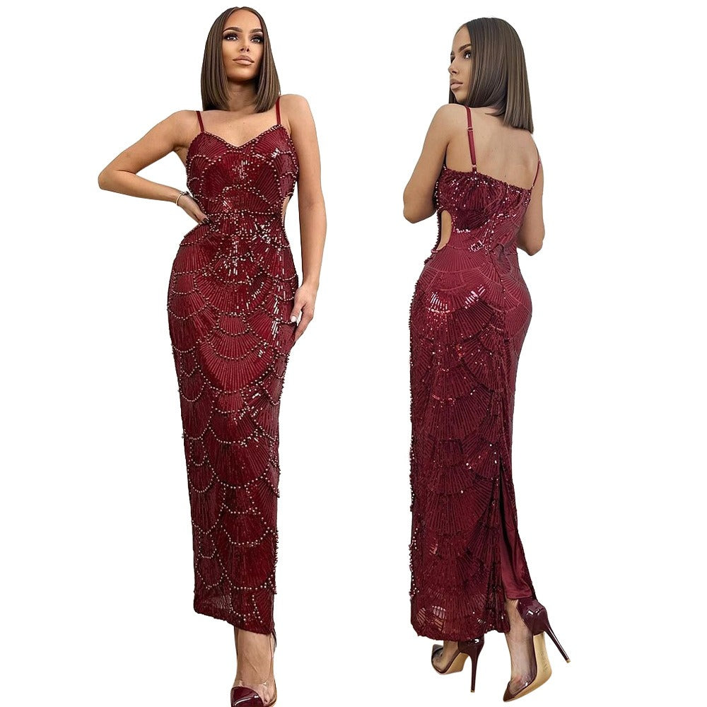 Sequin Faux Pearl Scallop Spaghetti Strap Cut Out Bodycon Midi Dress 6
