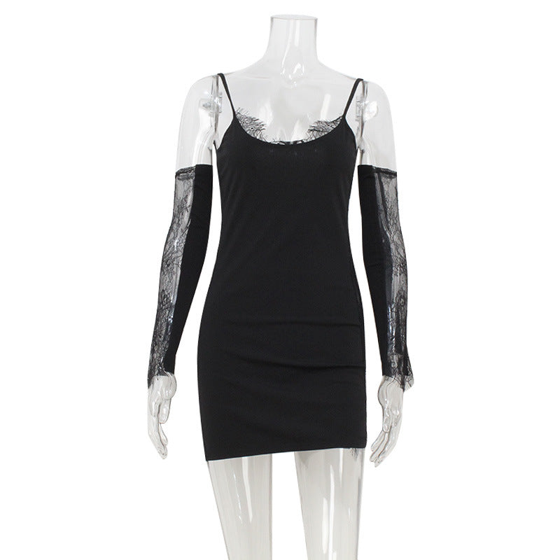 Lace Trim Cami Sheer Lace Side Panel Bodycon Mini Dress with Gloves 4