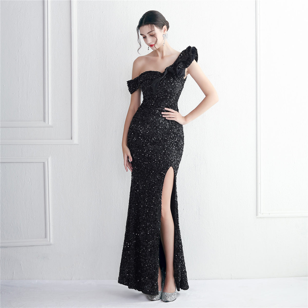 Sequin One Shoulder Ruffle Trim High Split Mermaid Evening Gown 5