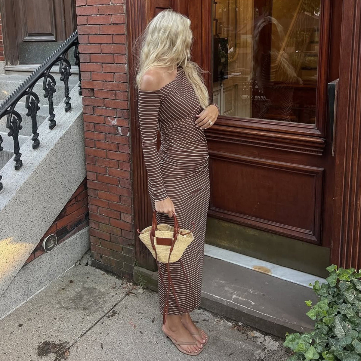 Striped One Shoulder Long Sleeve Ruched Bodycon Maxi Dress 3