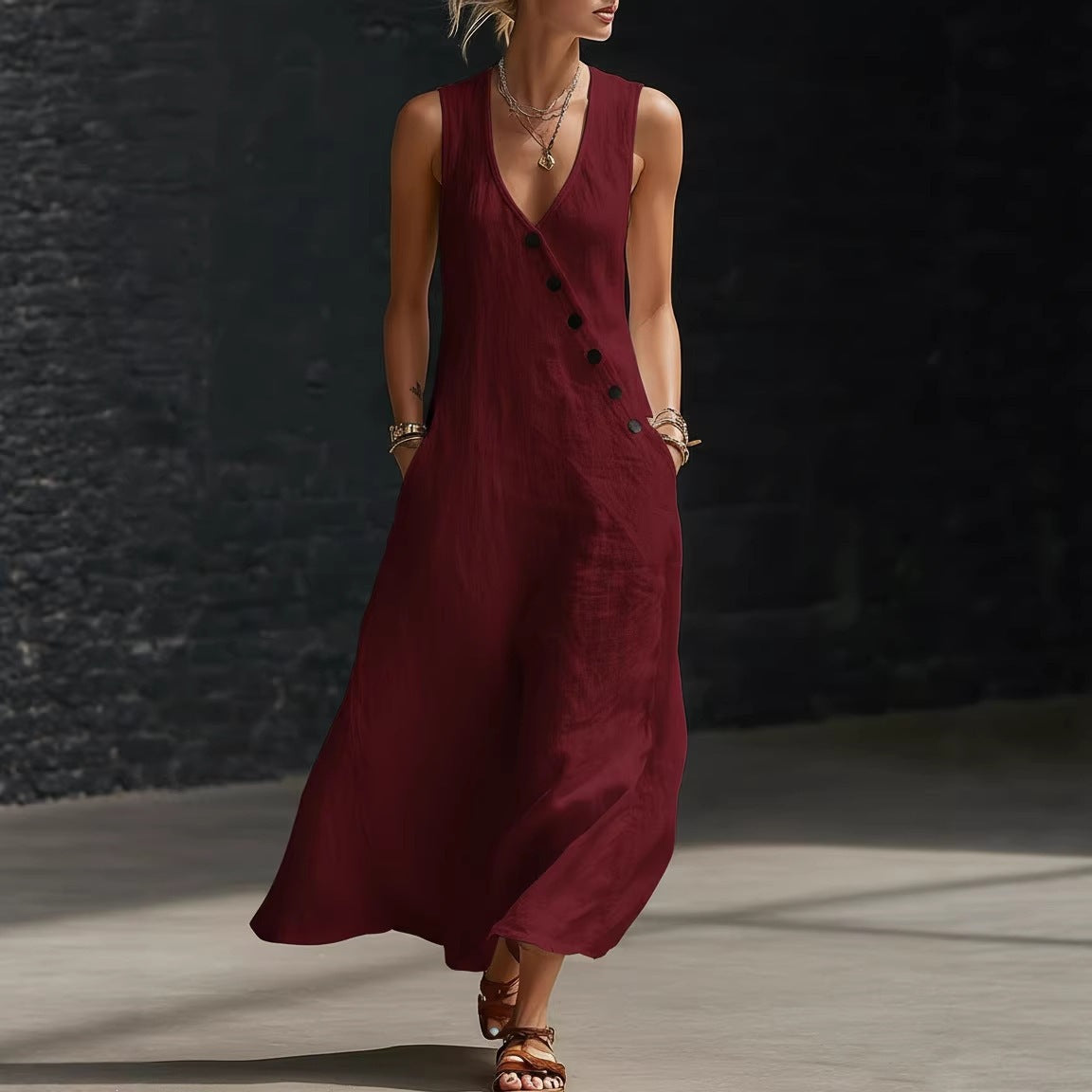 V-Neck Sleeveless Button Front Linen Maxi Dress 2