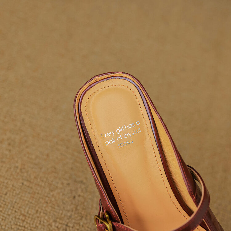 Square Toe Buckle Strap Block Heel Mules