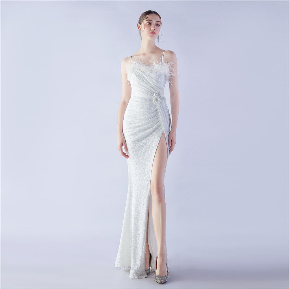 Sequin Spaghetti Strap Feather Trim High Split Mermaid Gown