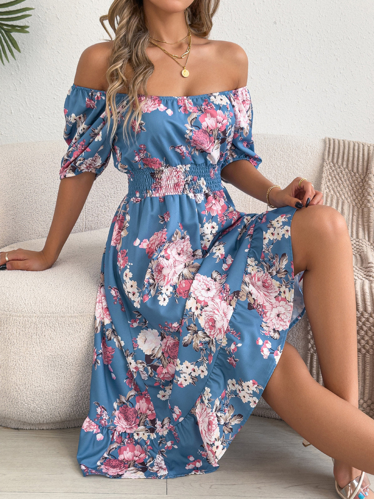Rose Print Off Shoulder Puff Sleeve Shirred Waist Ruffle Hem Midi Dress 5