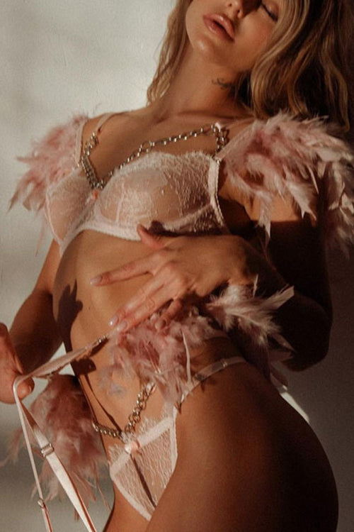 Cutout Feather Detail Plain Lingerie Set