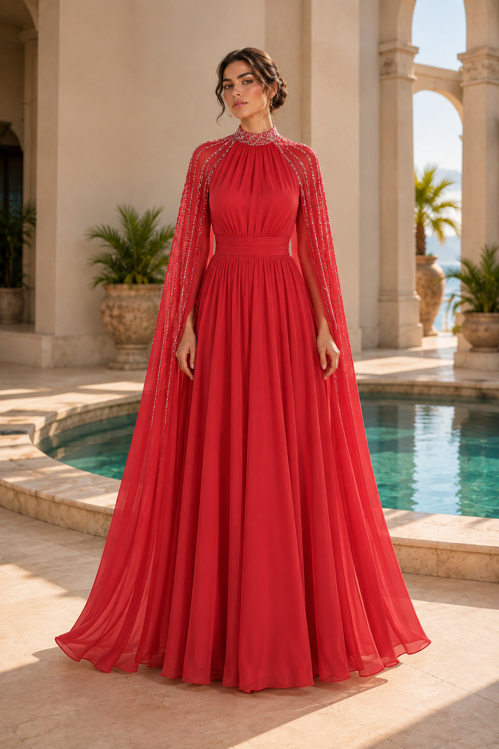 Chiffon Beaded Mock Neck Cape Sleeve Pleated A-Line Gown 5